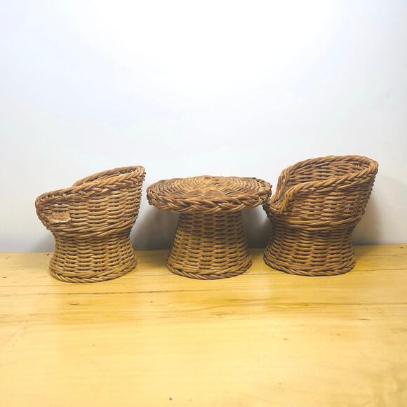Vintage 70s Wicker Cane Barbie Doll Table Chairs Furniture Hong Kong Toys - Picture 6 of 13